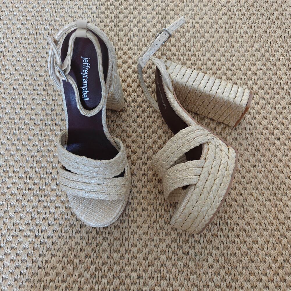 Jeffrey Campbell Yawl Raffia Block Heel Platform Sandals Woven Natural 9.5